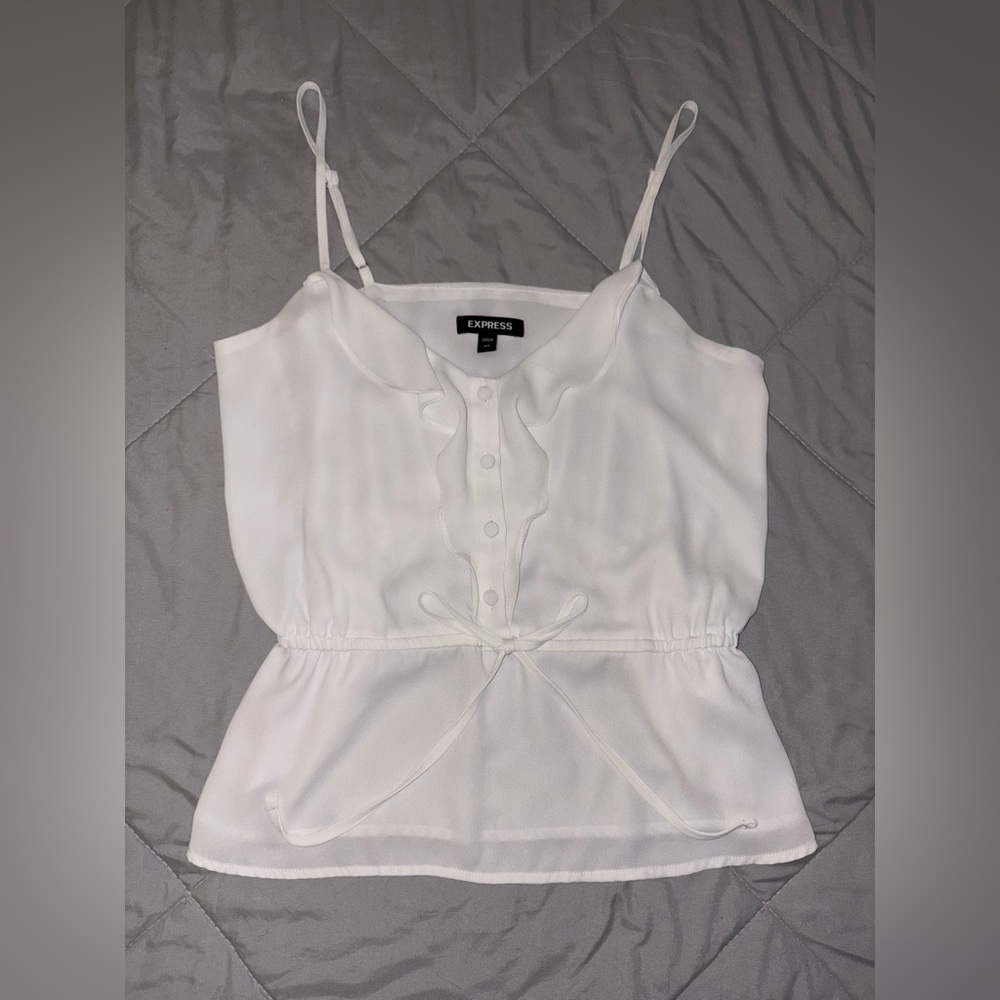 White Express blouse tank top with adjustable shoulder straps and waist tie
